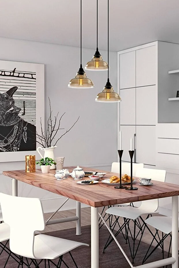 Special Model Üçlü Siyah Yuvarlak Modern Füme Camlı Sarkıt Avize